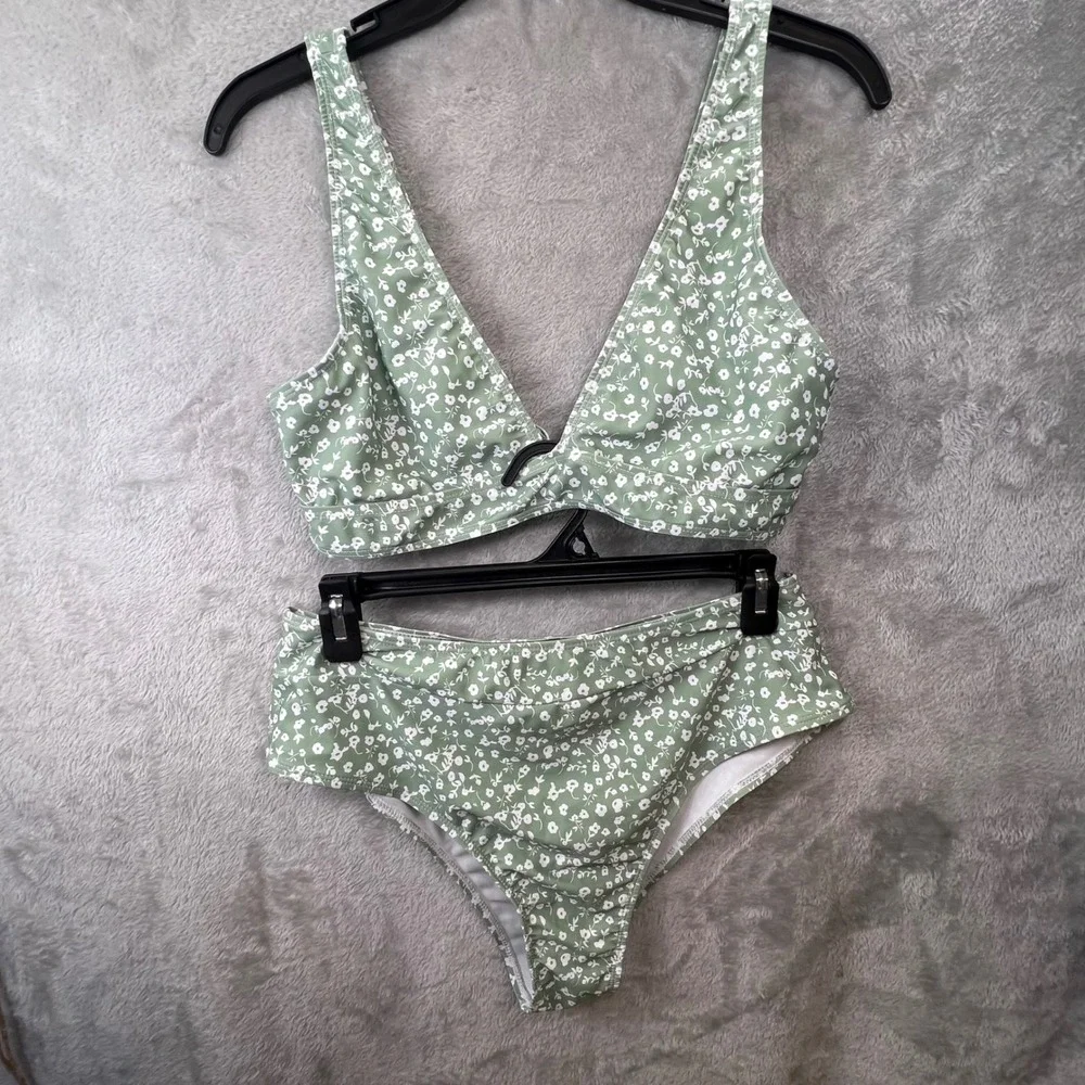Sage Green Floral Ditsy High‎ Waisted Bikini Set V-Neck Twist Front Two-Piece